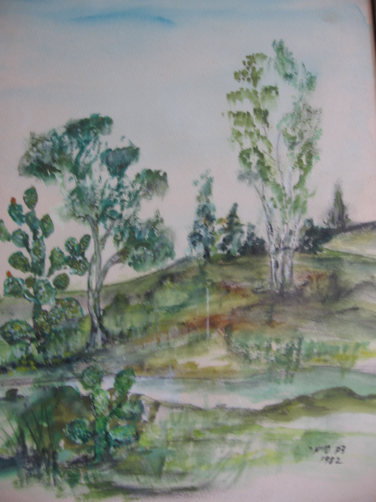 a painting of a landscape with trees and a river
